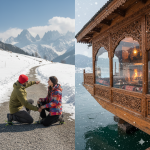 Professional local guide ensuring safe winter travel in Kashmir during January with a warm houseboat shelter visible in the background
