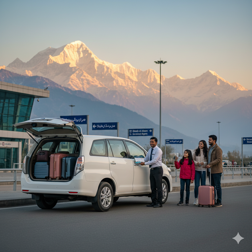Professional meet-and-greet service for a pre-booked Toyota Innova SUV car rental at Srinagar International Airport (SXR) - seamless arrival transfer for families to Kashmir valley hotels.