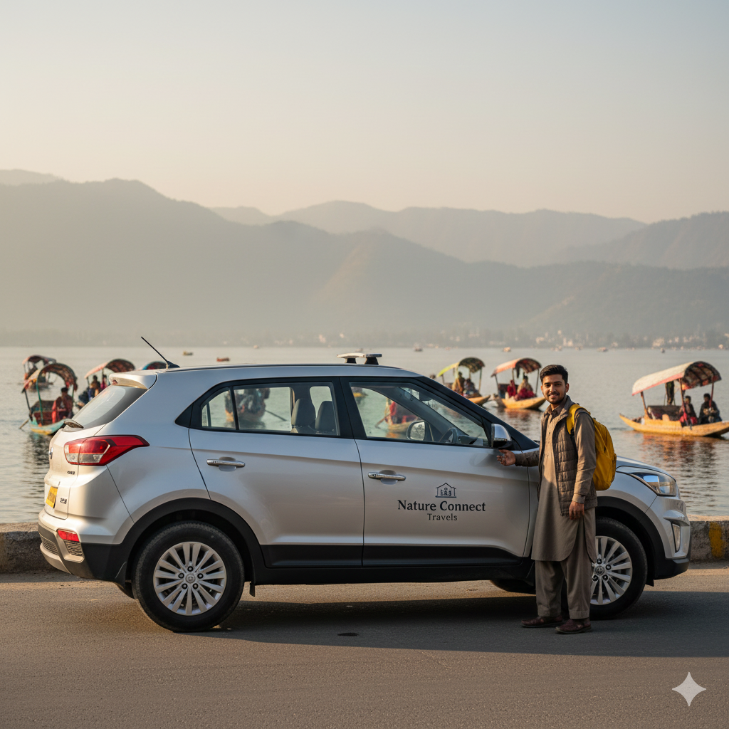Reliable taxi rental in Srinagar for sightseeing, parked at beautiful Dal Lake viewpoint