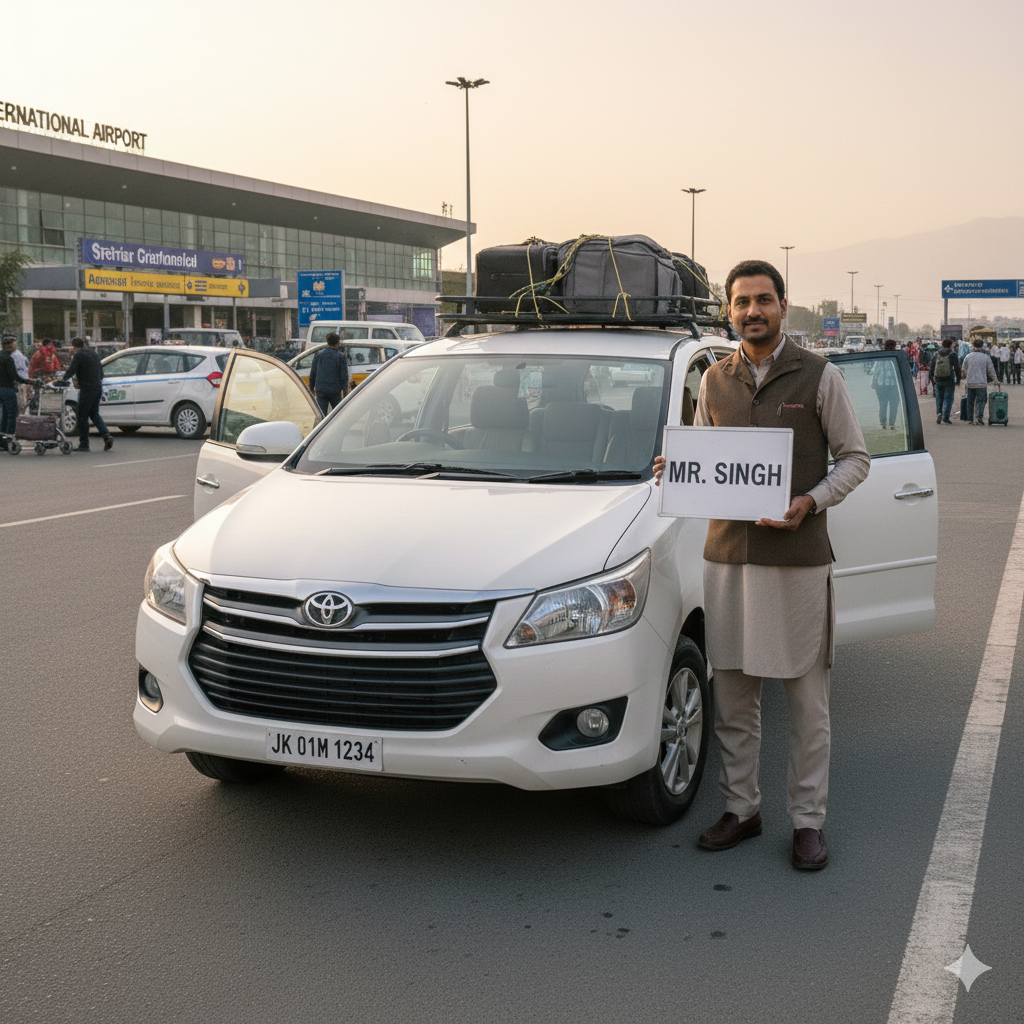 Reliable taxi service in Srinagar airport pickup for tourists with professional driver