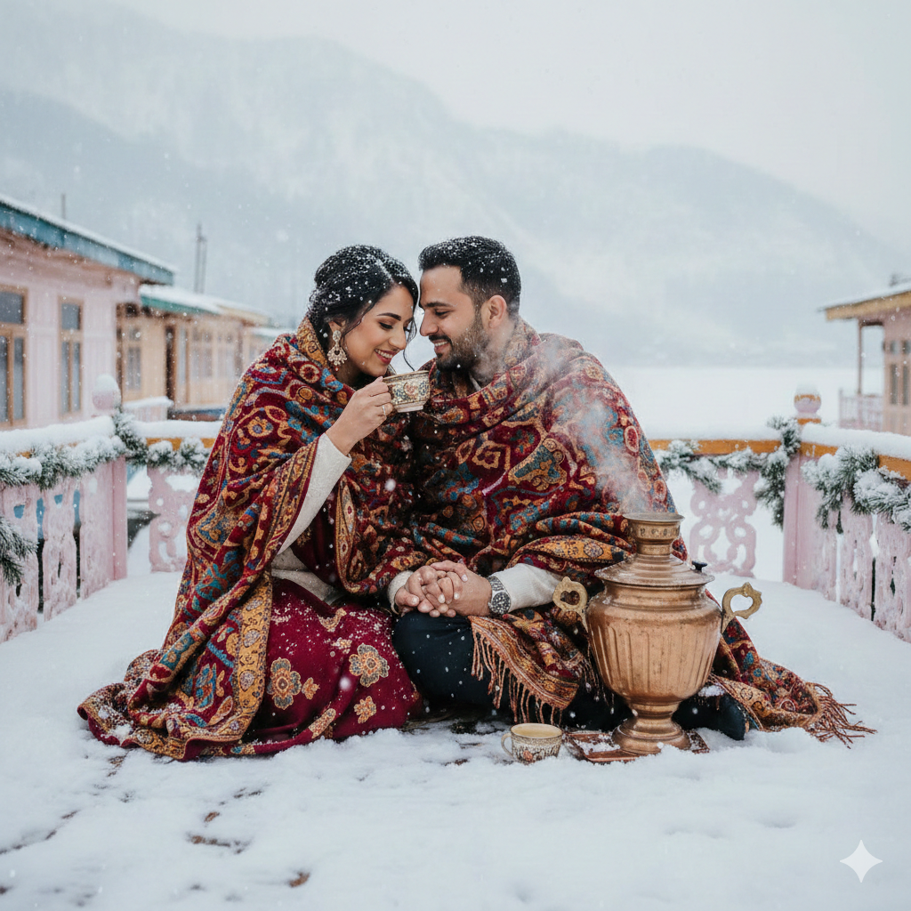 Romantic Kashmir in December for honeymoon - couple enjoying winter moments on Dal Lake houseboat