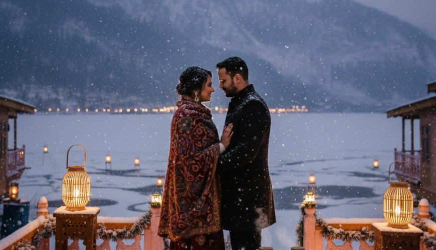 Romantic couple enjoying a private, snowy evening on a traditional houseboat during a Kashmir December honeymoon, with lantern light and falling snow