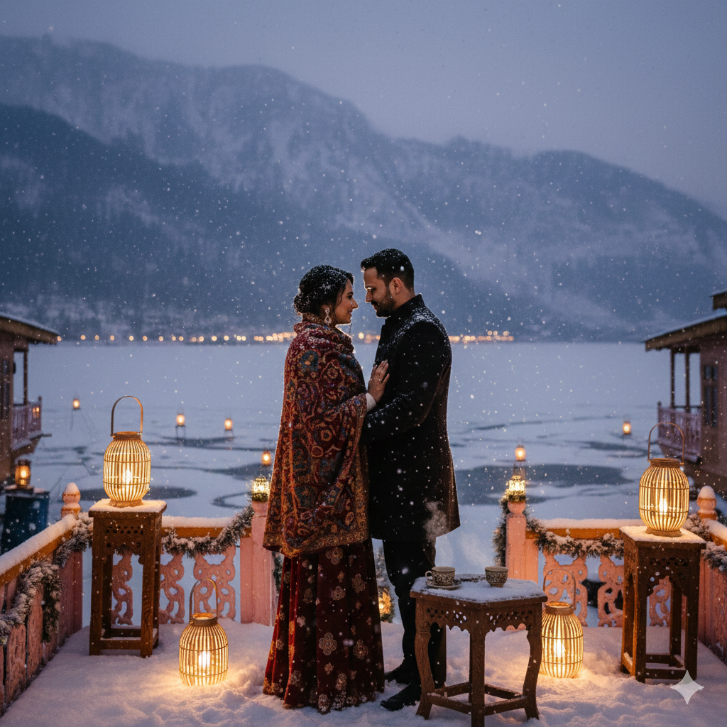 Romantic couple enjoying a private, snowy evening on a traditional houseboat during a Kashmir December honeymoon, with lantern light and falling snow