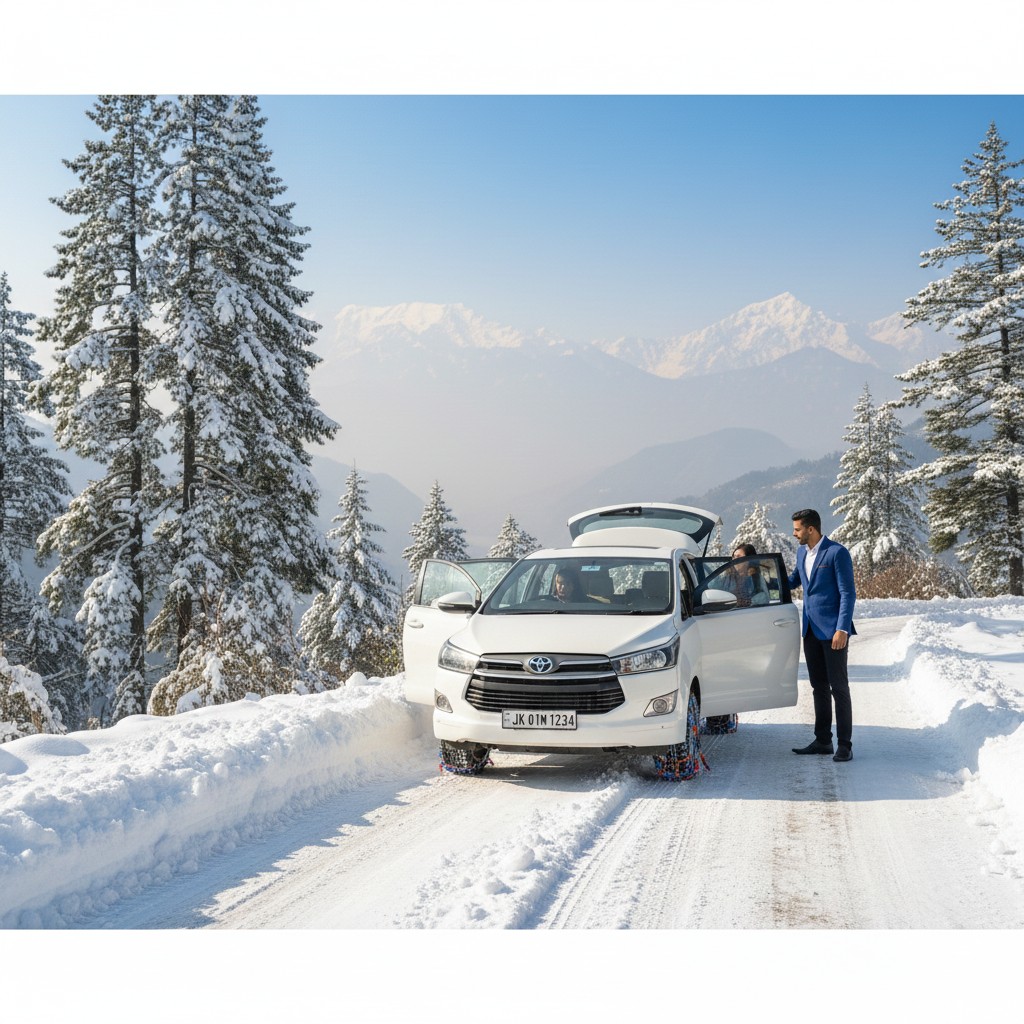 Safe winter taxi from Jammu to Srinagar equipped with snow chains for snowy conditions
