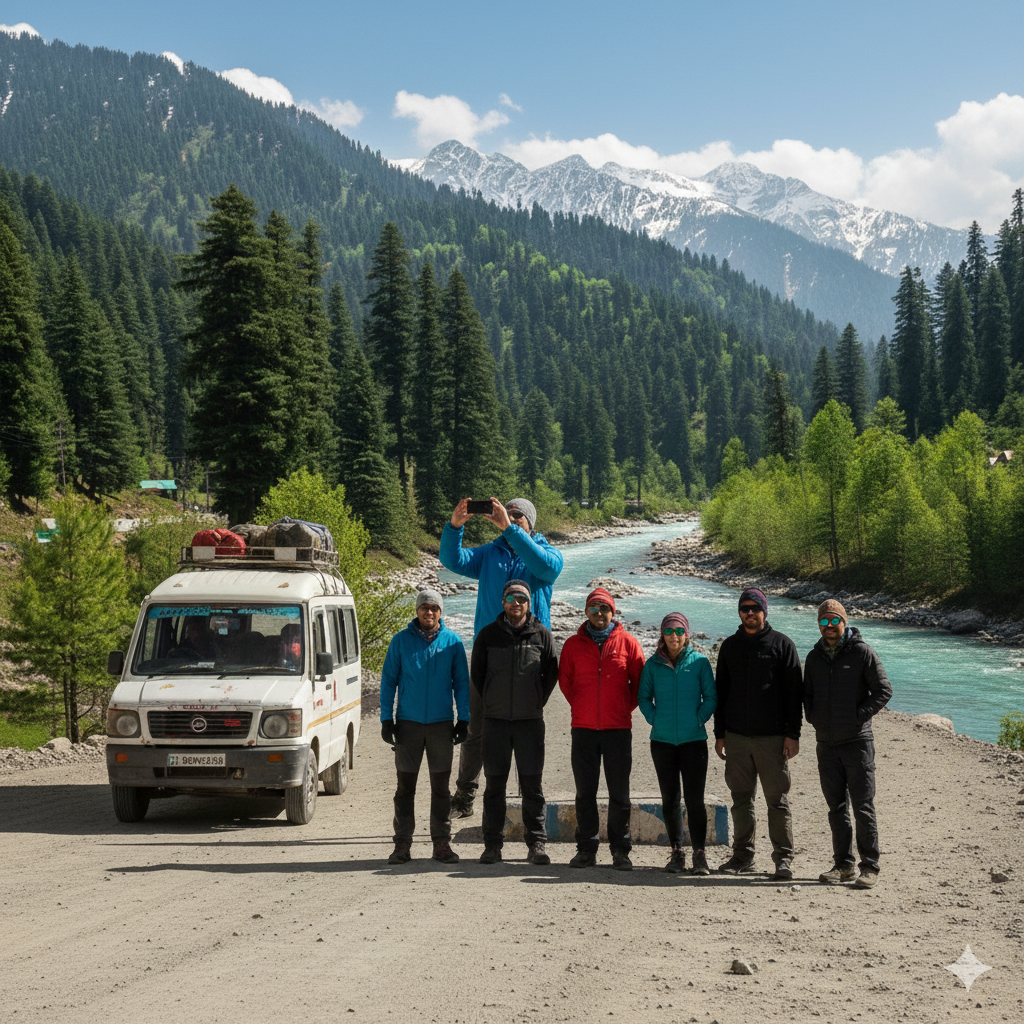 Scenic stop on the Srinagar to Pahalgam taxi route - perfect for first Kashmir photos.