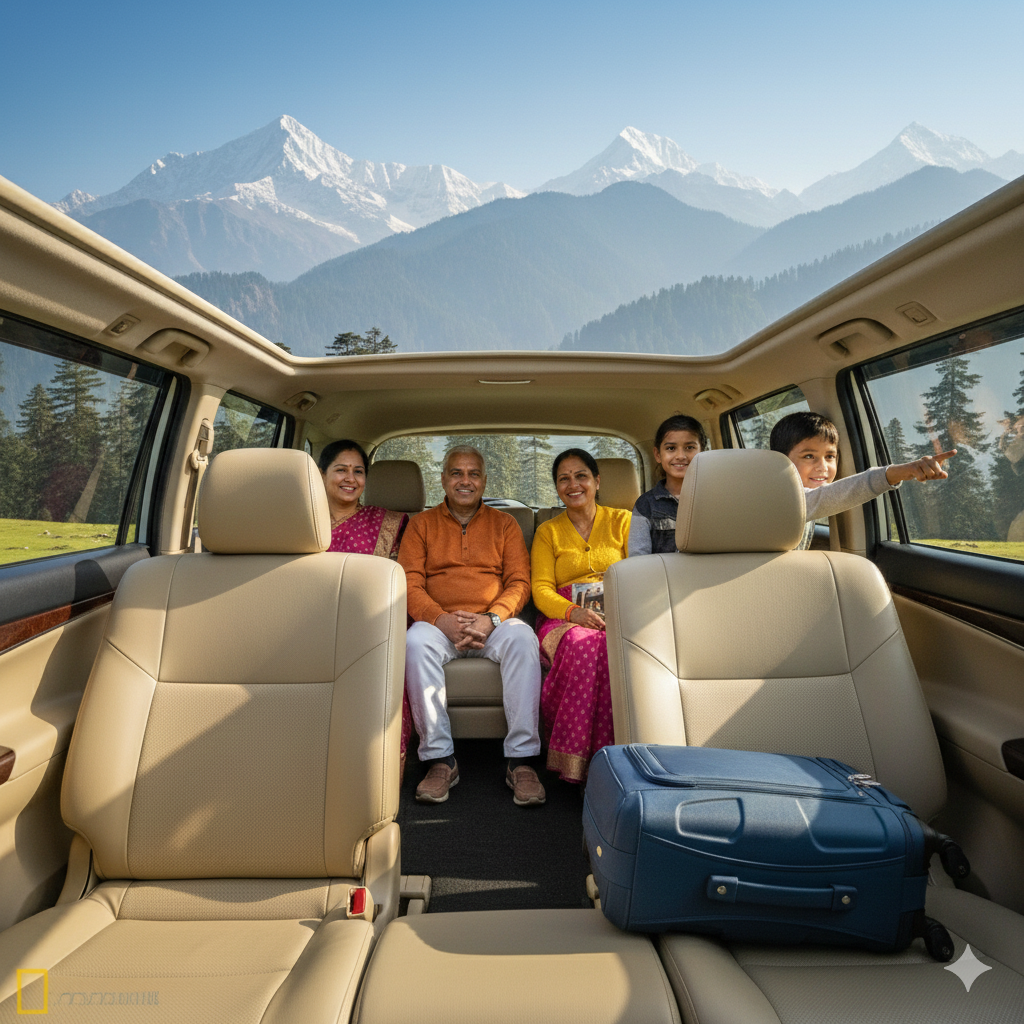 Spacious and comfortable interior of a family-friendly Jammu to Kashmir cab for a safe mountain journey