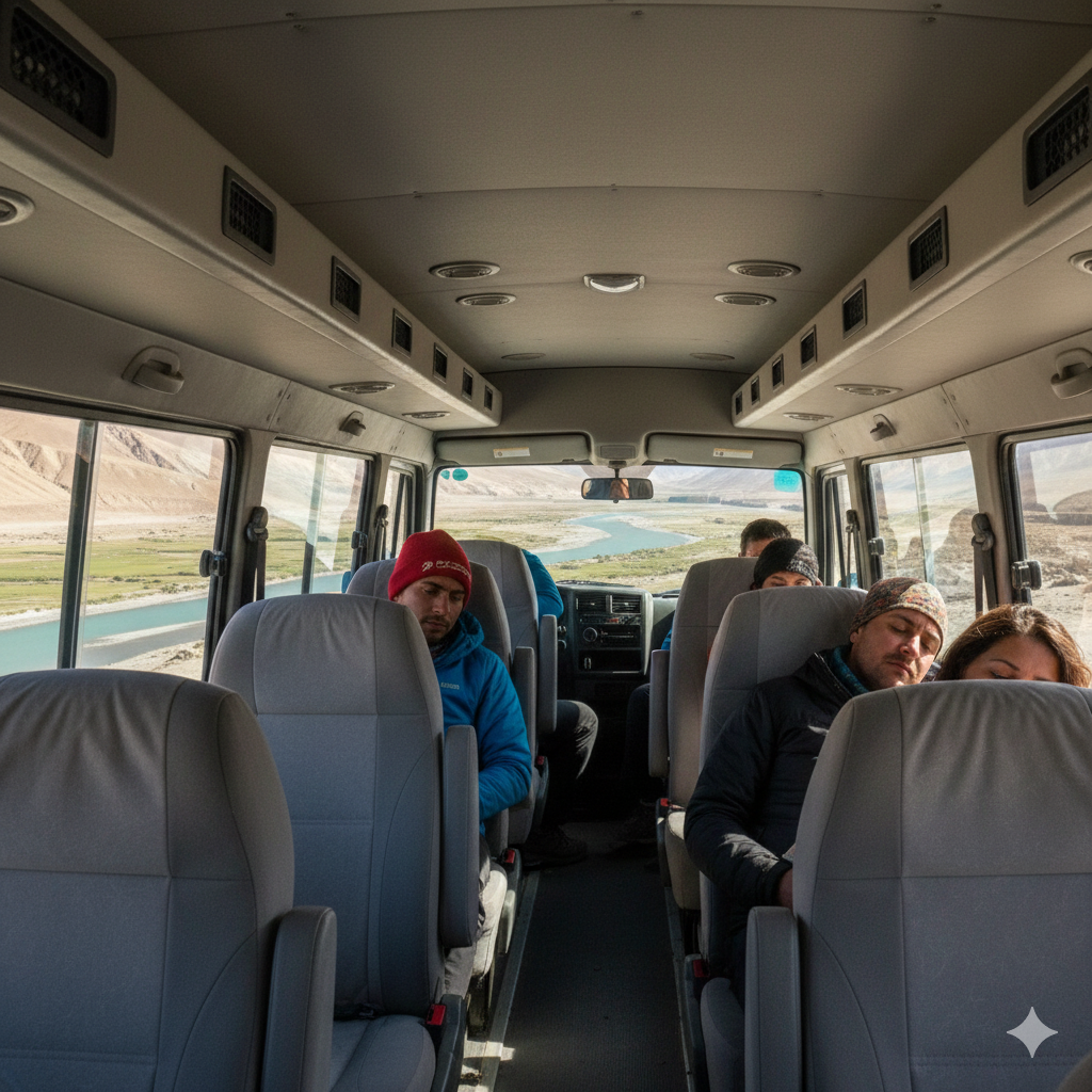 Spacious and comfortable interior of a tempo traveller for the long Srinagar to Leh journey - key for group comfort