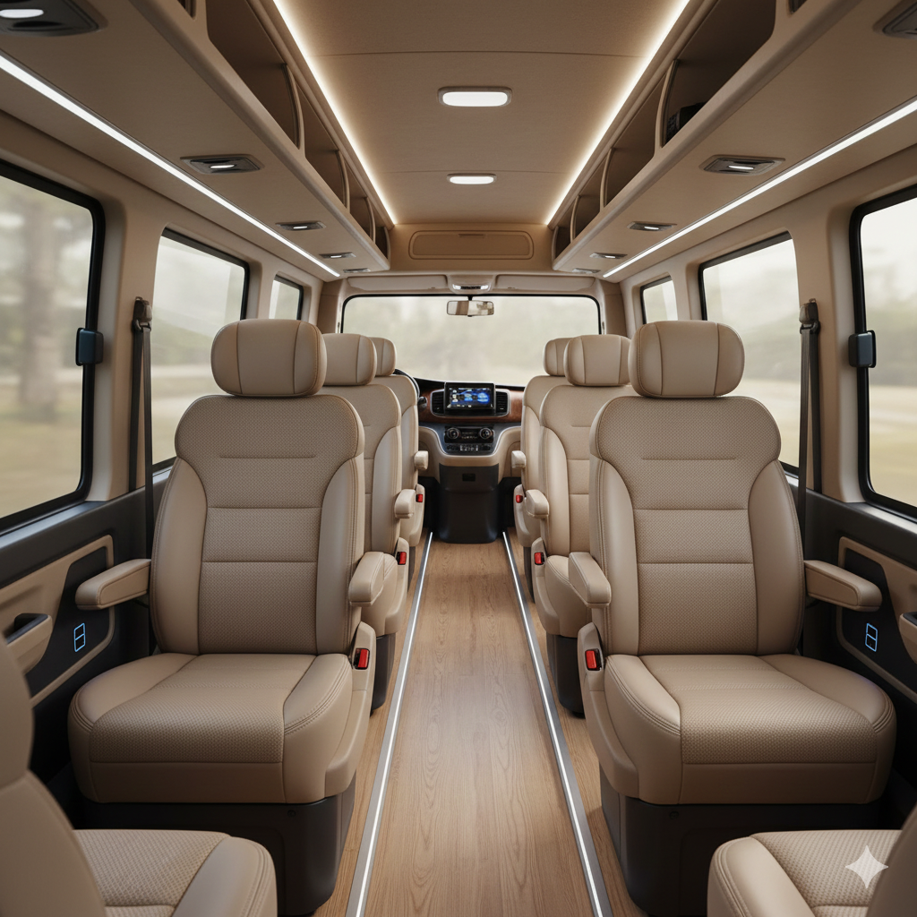 Luxurious interior of Tata Urbania showing comfortable seating perfect for family and group travel in Kashmir