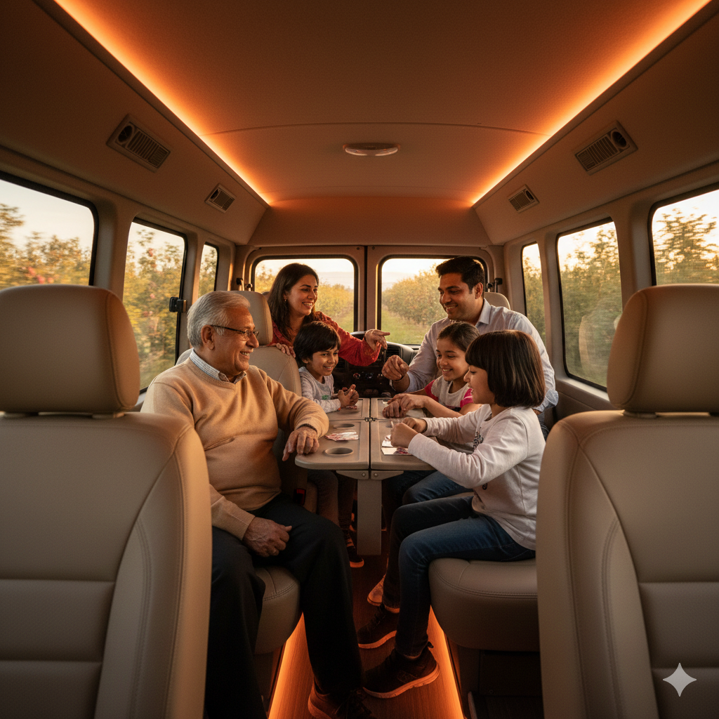 Spacious interior of luxury Urbania tempo traveller in Kashmir showing multi-generational family enjoying comfortable group travel experience.
