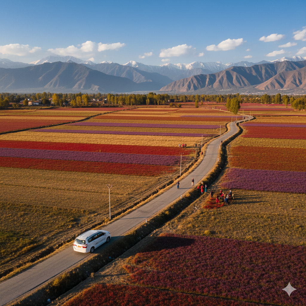 Best Srinagar Taxi Package 2026: Your Complete Travel Solution 10 Srinagar taxi package day trip to Pahalgam through beautiful Kashmiri saffron fields