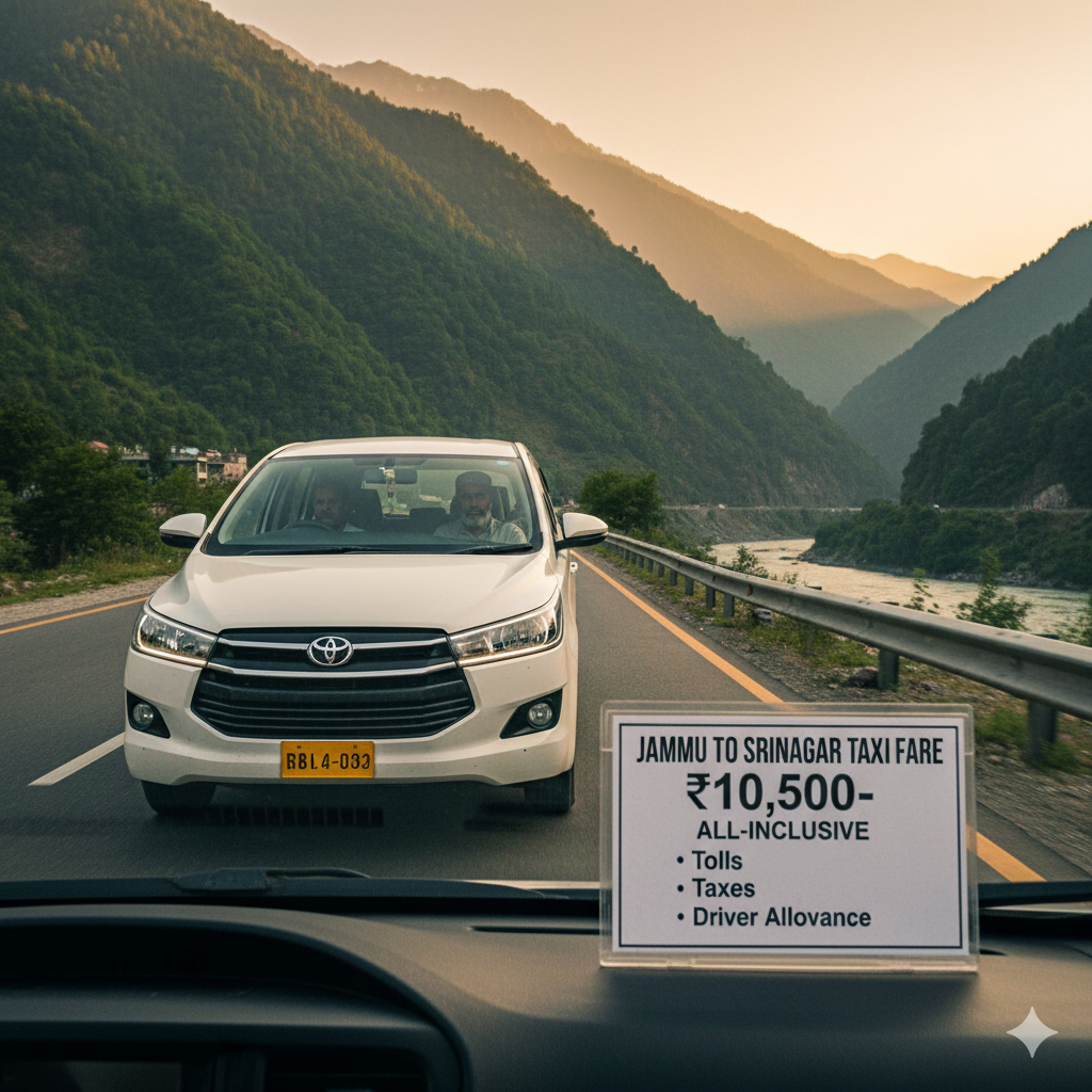 Standard Jammu and  Kashmir taxi rates for Toyota Innova on Jammu-Srinagar highway journey