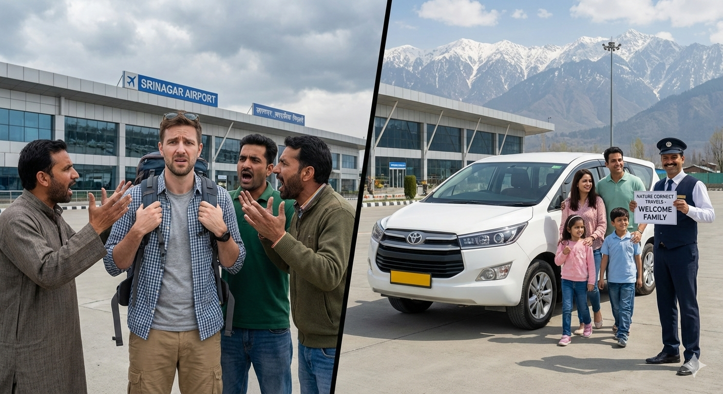 Best Srinagar Taxi Package 2026: Your Complete Travel Solution 7 Stress-free Srinagar airport taxi package pickup versus chaotic taxi negotiation for Kashmir arrival