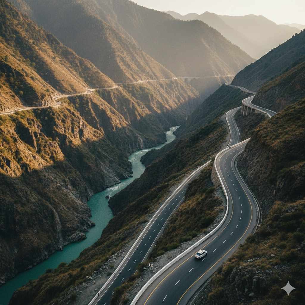 Taxi safely navigating scenic but challenging NH44 highway during Udhampur to Srinagar taxi fare mountain journey
