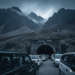 Vehicles entering Jawahar Tunnel on Jammu to Srinagar highway - important mountain pass on Kashmir cab route