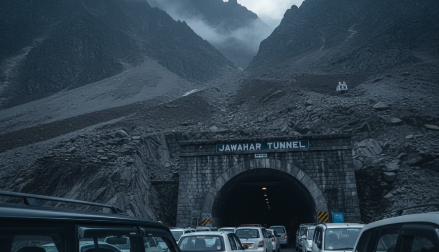 Vehicles entering Jawahar Tunnel on Jammu to Srinagar highway - important mountain pass on Kashmir cab route