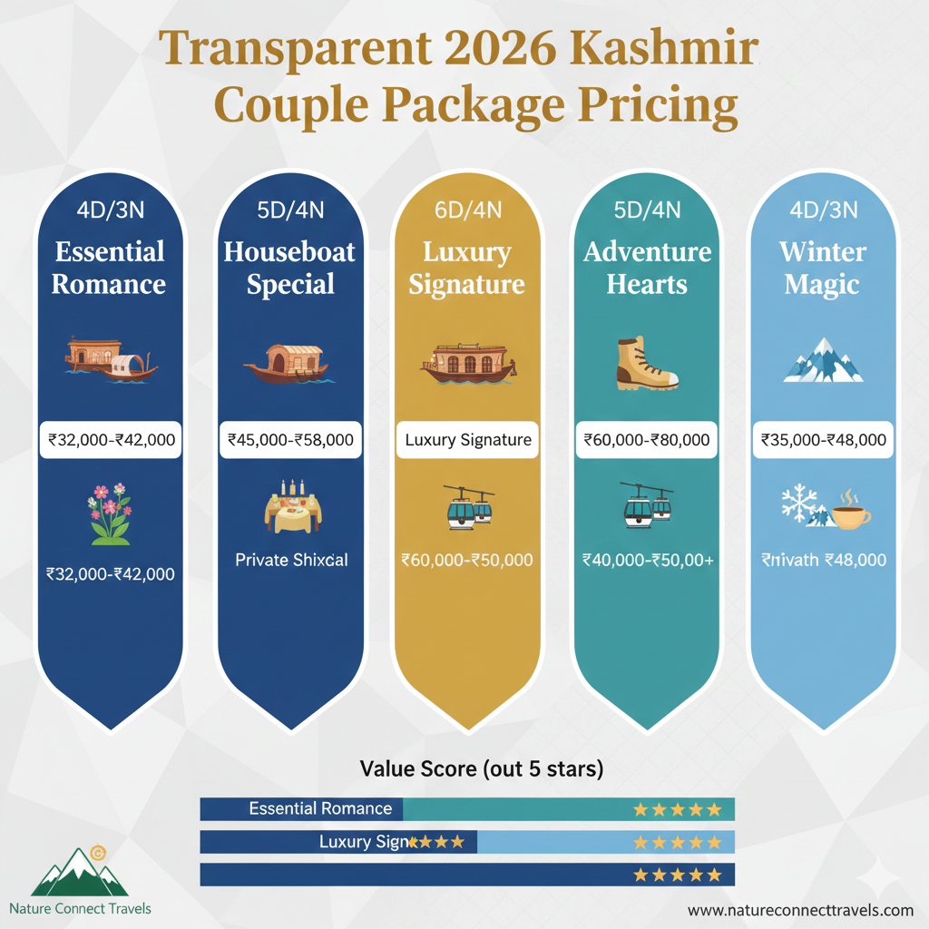 2026 Kashmir tour packages for couple price comparison - transparent pricing for 5 different romantic packages