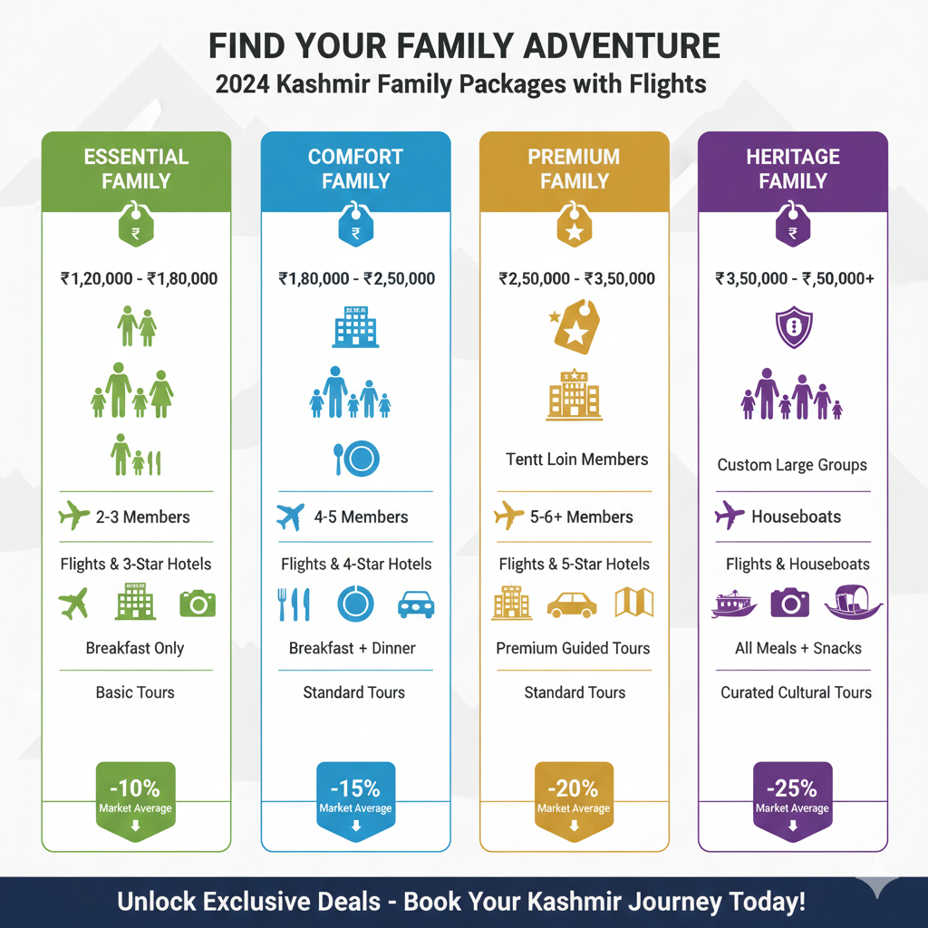 2026 Kashmir tour packages for family with flight price comparison infographic showing four package tiers