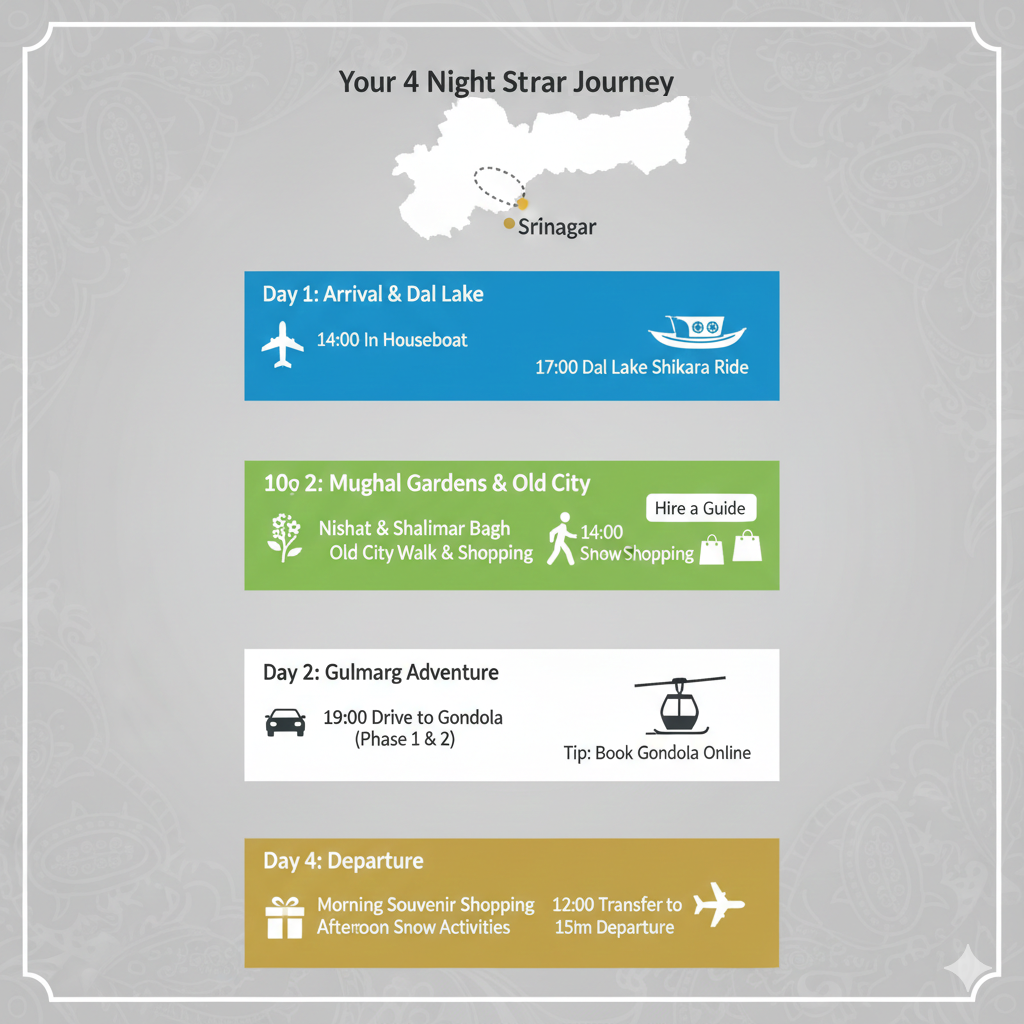 4-night Srinagar package itinerary infographic - complete day-by-day schedule for the perfect Srinagar package for 4 nights