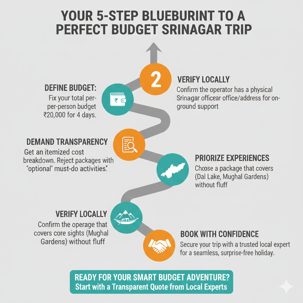 5-step flowchart guide to booking the best value and cheapest Srinagar tour packages without hidden costs