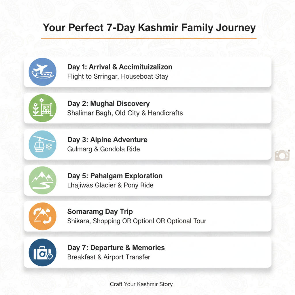 7-day Kashmir family itinerary timeline infographic showing perfect vacation schedule for families with flights