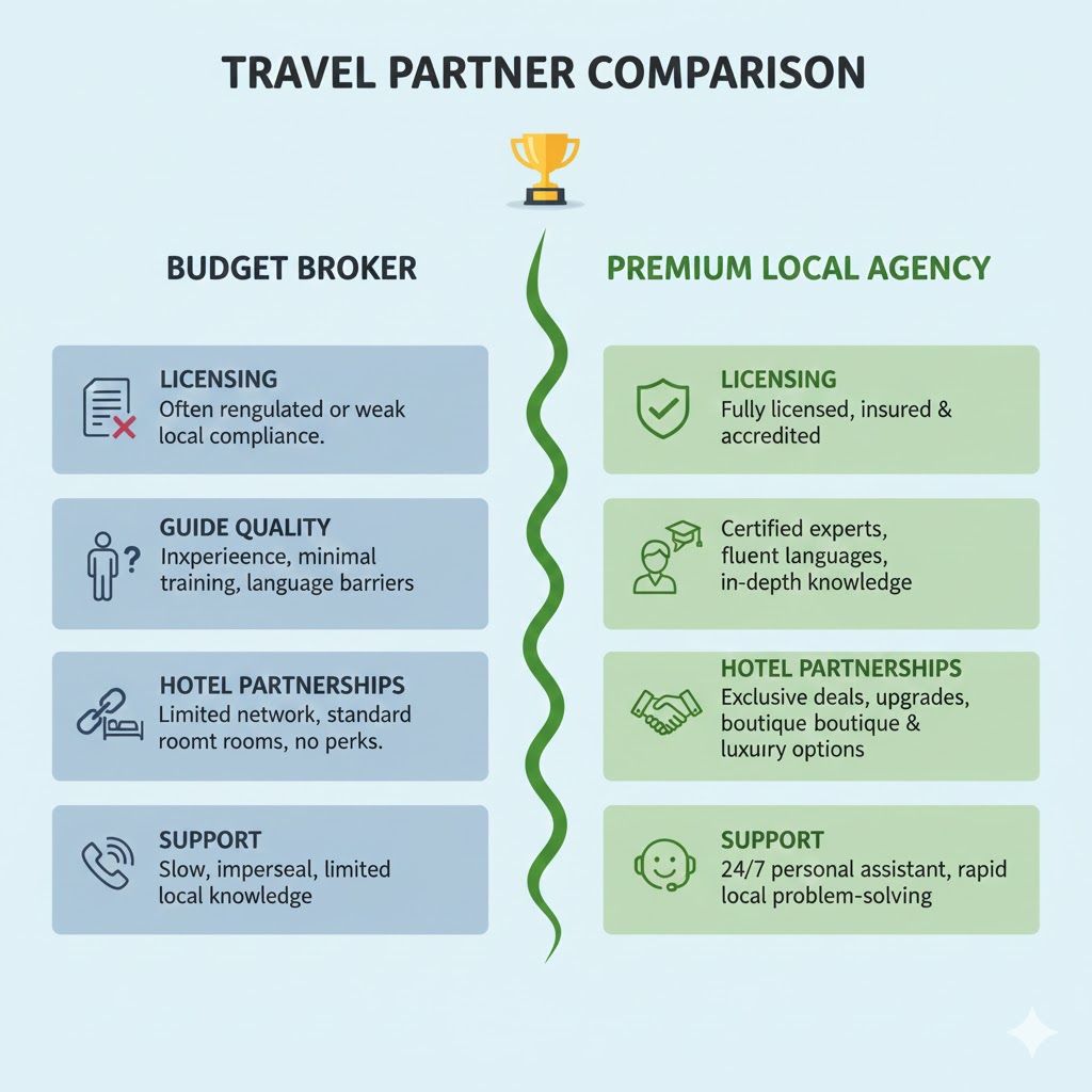 Book Now: Best Travel Agency in Kashmir 2026 (Guaranteed) 9 Infographic comparing value of a budget broker vs the best travel agency in Kashmir for quality and safety