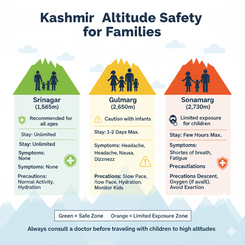Altitude safety guide infographic for families traveling to Kashmir - elevation zones and precautions