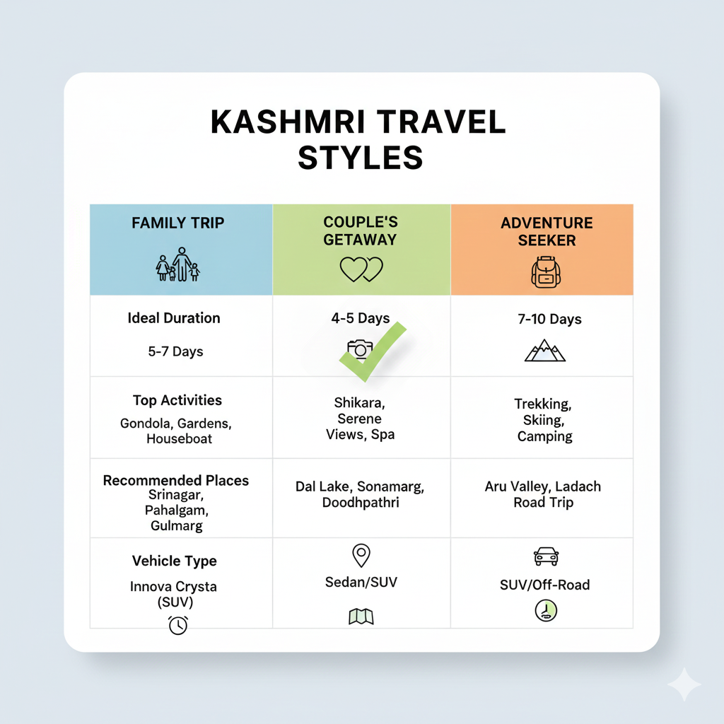 Kashmir Tour Package For 5 Days 4 Nights 2026: Complete Itinerary & Pricing Guide | Nature Connect Travels 8 Compare Kashmir 5 days 4 nights package options for different traveler types
