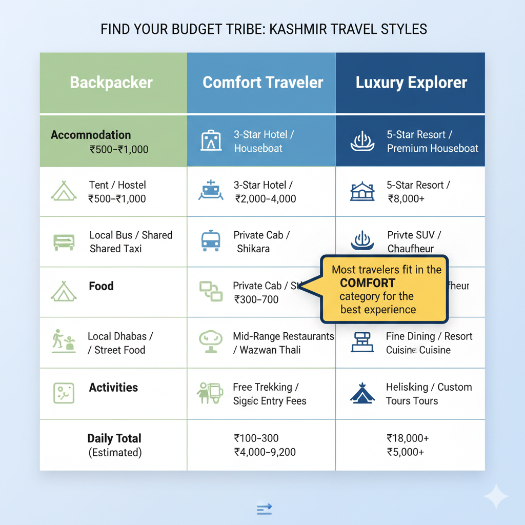 Compare Kashmir trip cost for different travel styles - Budget, Comfort, and Luxury traveler daily expenses