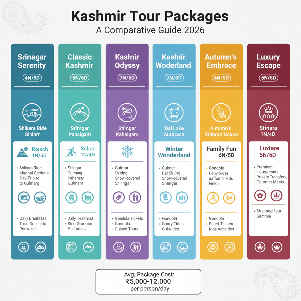 Compare best Kashmir tour packages - family, honeymoon, luxury, winter, photography options available
