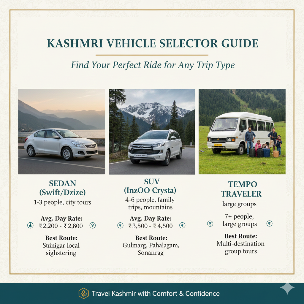 Compare taxi options in Kashmir - sedan vs SUV vs tempo traveller for 2026 travel.