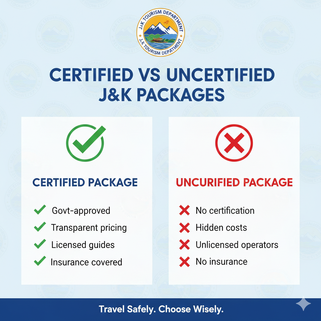Comparison infographic showing benefits of certified J&K tourism packages vs uncertified operators