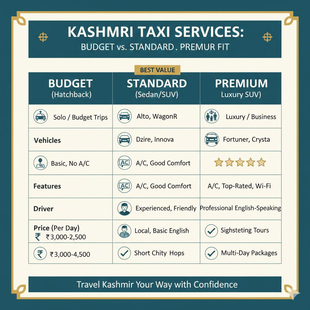 7 Best Taxi Service in Kashmir Picks: 2026 Local Guide & Rates 10 Comparison of taxi service in Kashmir options - budget vs standard vs premium 2026