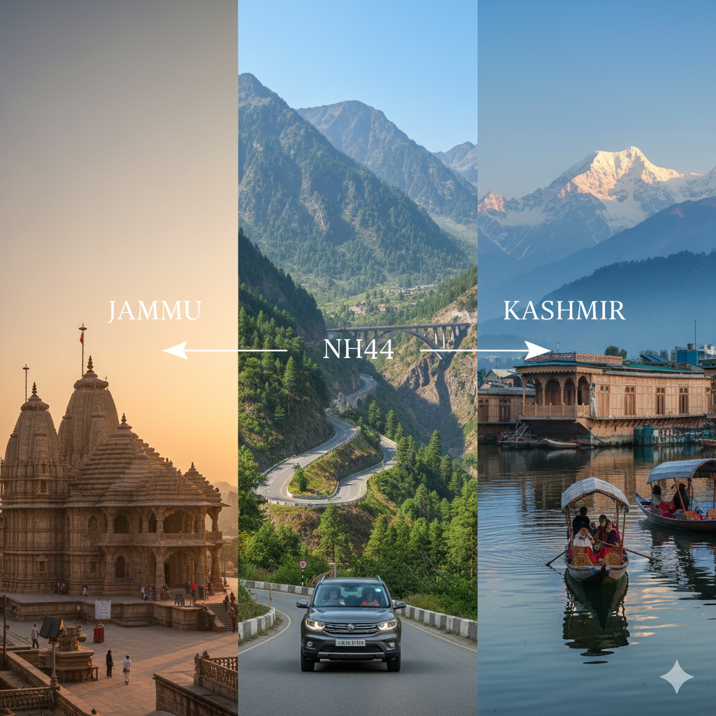 Complete Jammu and Kashmir itinerary journey showing spiritual Jammu, scenic highway, and beautiful Kashmir valley destinations