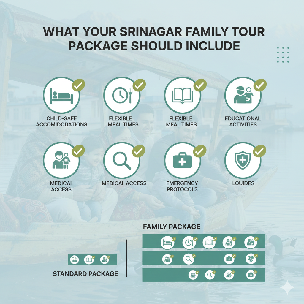 7 Best Srinagar Family Tour Packages 2026 | Safe & Fun Kashmir Vacations 8 Comprehensive checklist for Srinagar family tour packages showing essential family travel features and safety considerations