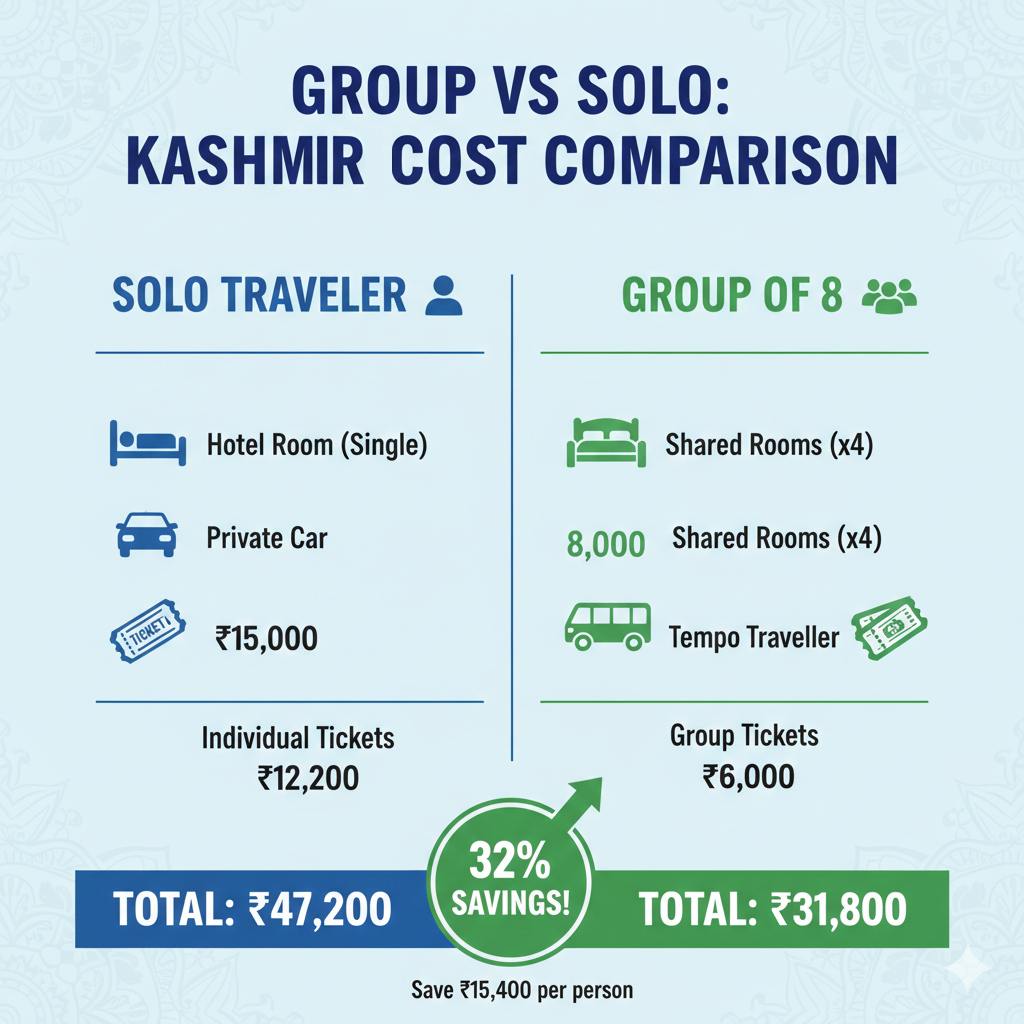 5 Best Kashmir Group Tour Packages 2026 | Save Up to 40% 9 Cost comparison infographic showing 32% savings with Kashmir group tour packages versus solo travel