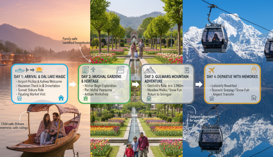Detailed infographic planner for a 4-day Kashmir trip including hour-by-hour schedule, cost breakdown, packing list, and customization options