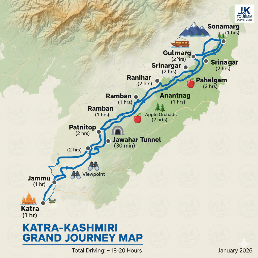 Detailed journey map for Katra to Kashmir package showing complete route and travel highlights