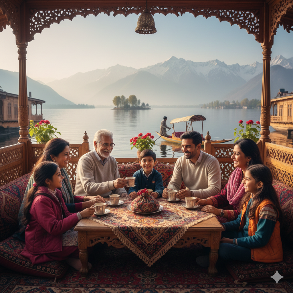 Family experiencing Kashmir tour packages for family with flight - multi-generational houseboat vacation on Dal Lake