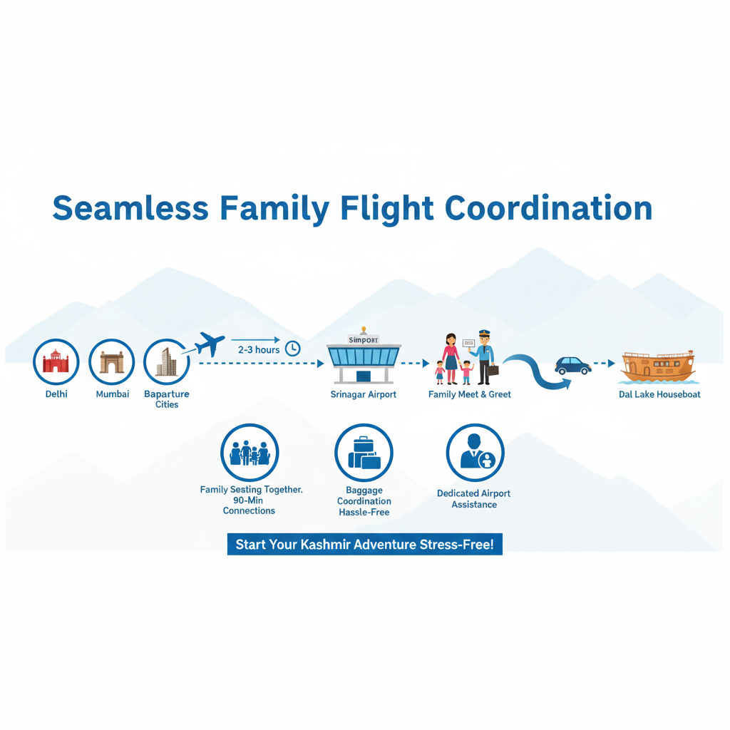 Flight coordination timeline infographic for Kashmir family packages showing seamless airport-to-destination journey