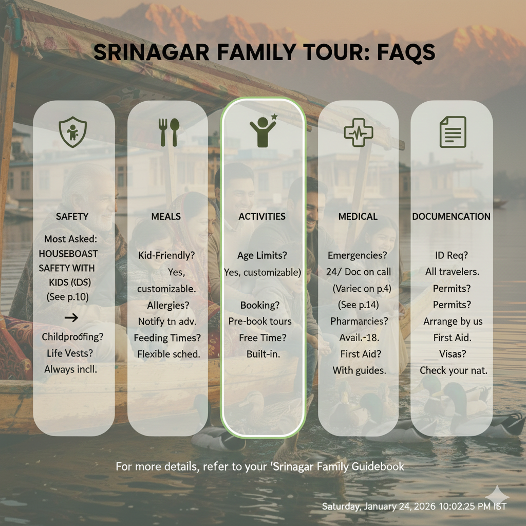 7 Best Srinagar Family Tour Packages 2026 | Safe & Fun Kashmir Vacations 10 Frequently asked questions about Srinagar family tour packages covering safety, meals, activities and medical considerations for Kashmir family travel