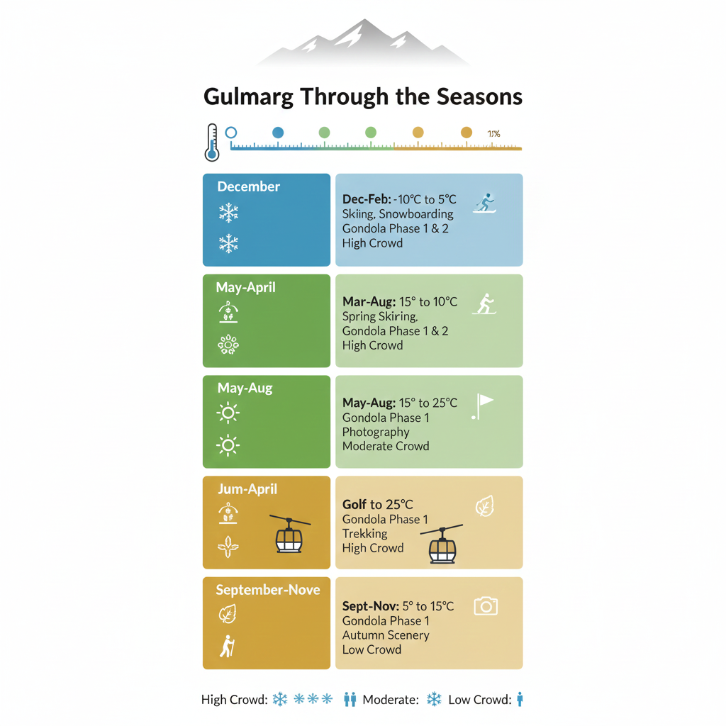 Gulmarg seasonal activity calendar infographic - Best times for skiing, Gondola, and golf