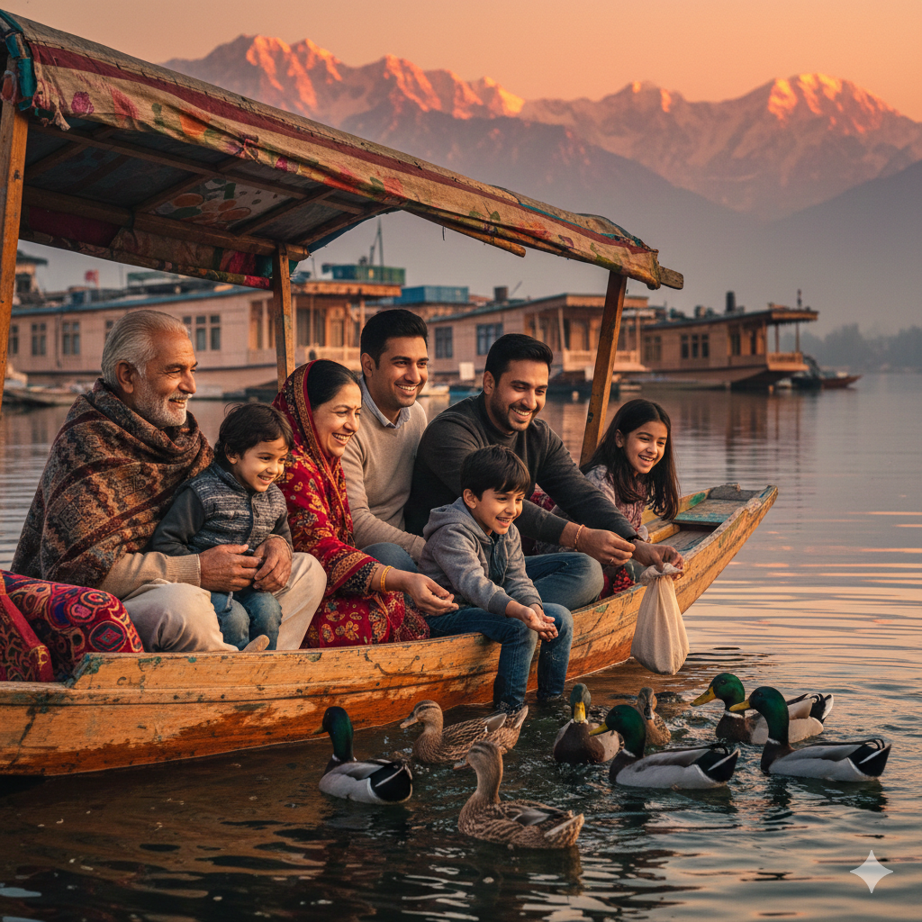 7 Best Srinagar Family Tour Packages 2026 | Safe & Fun Kashmir Vacations 7 Happy Indian family enjoying Srinagar family tour package with shikara ride on Dal Lake - perfect Kashmir family vacation