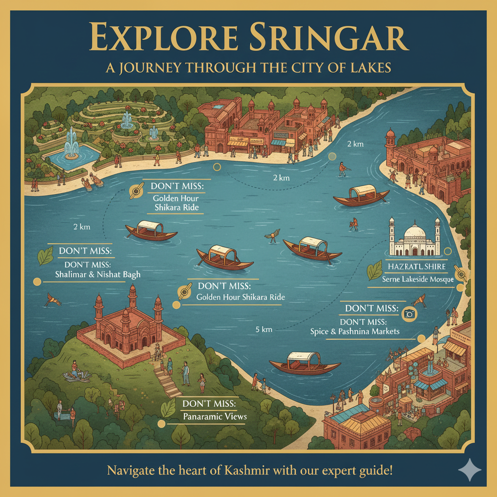 Illustrated tourist map of Srinagar showing top attractions and their locations