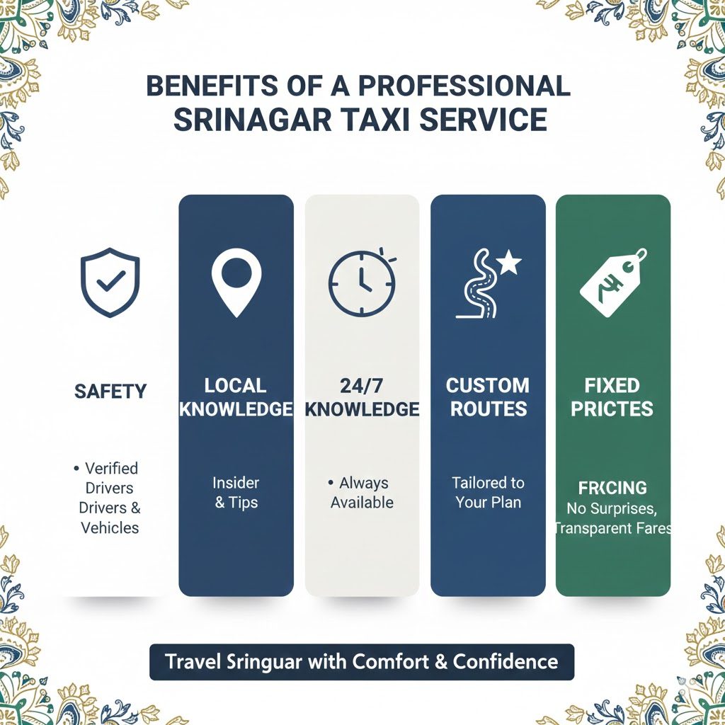 Infographic explaining key benefits of booking professional taxi service in Srinagar Kashmir