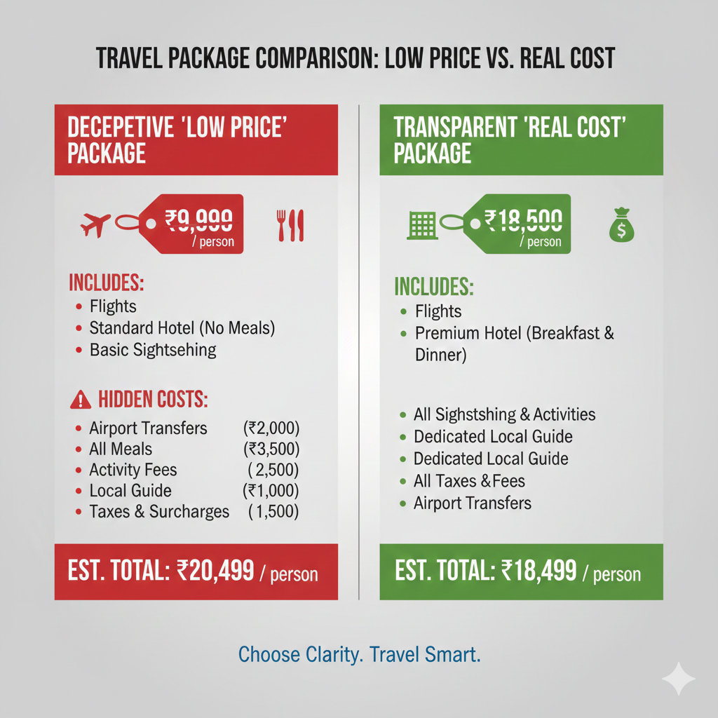 Infographic exposing hidden costs in fake cheap Srinagar tour packages vs. honest budget pricing