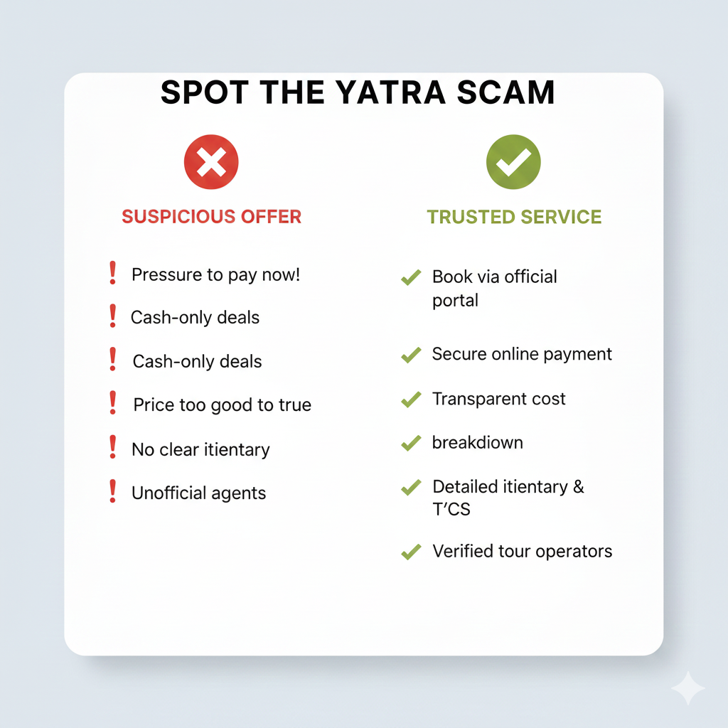 Vaishnodevi Yatra Package 2026: Avoid These 3 Deadly Scams 10 Infographic to identify Vaishnodevi yatra scams vs trusted service - compare red flags and green flags before booking
