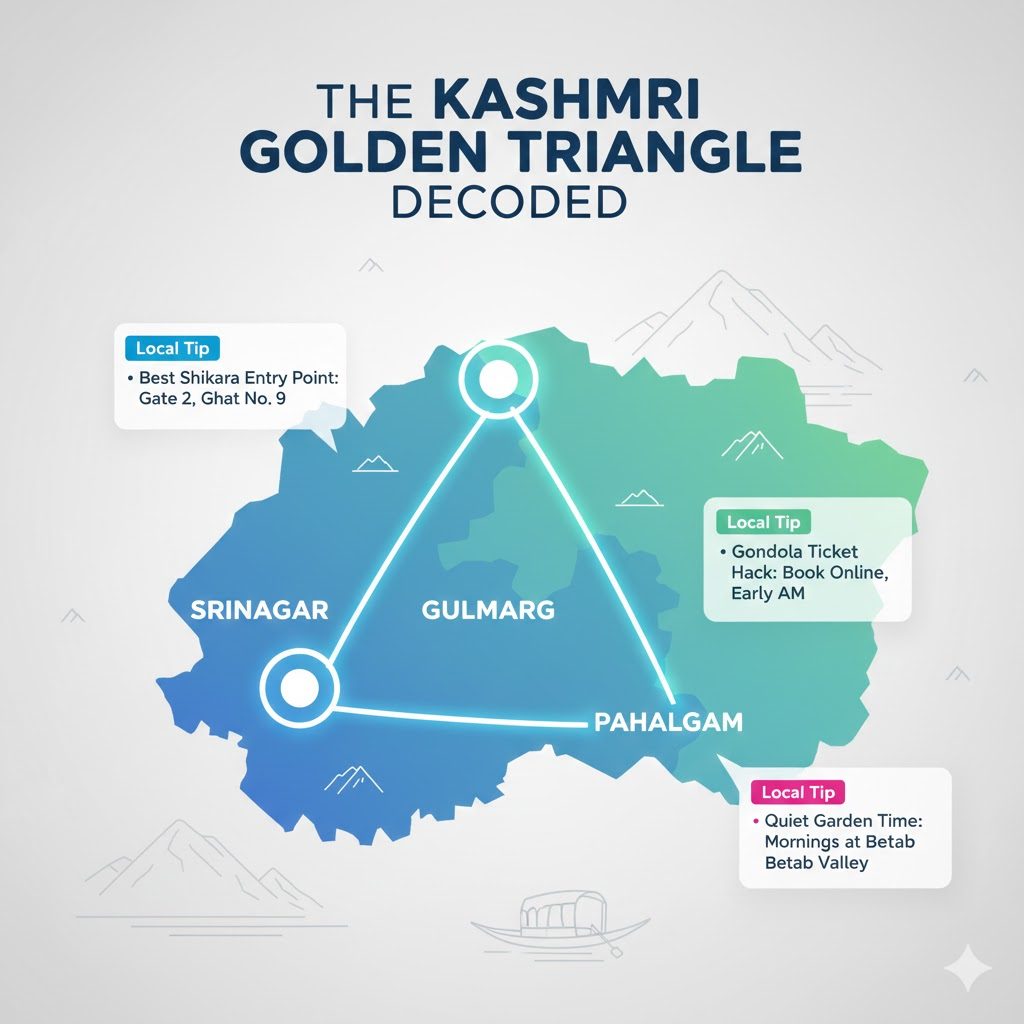 5 Days in Kashmir? ⚠️ Read This BEFORE You Book Anything 8 Interactive Kashmir Golden Triangle map with secret local tips for Srinagar, Gulmarg, and Pahalgam