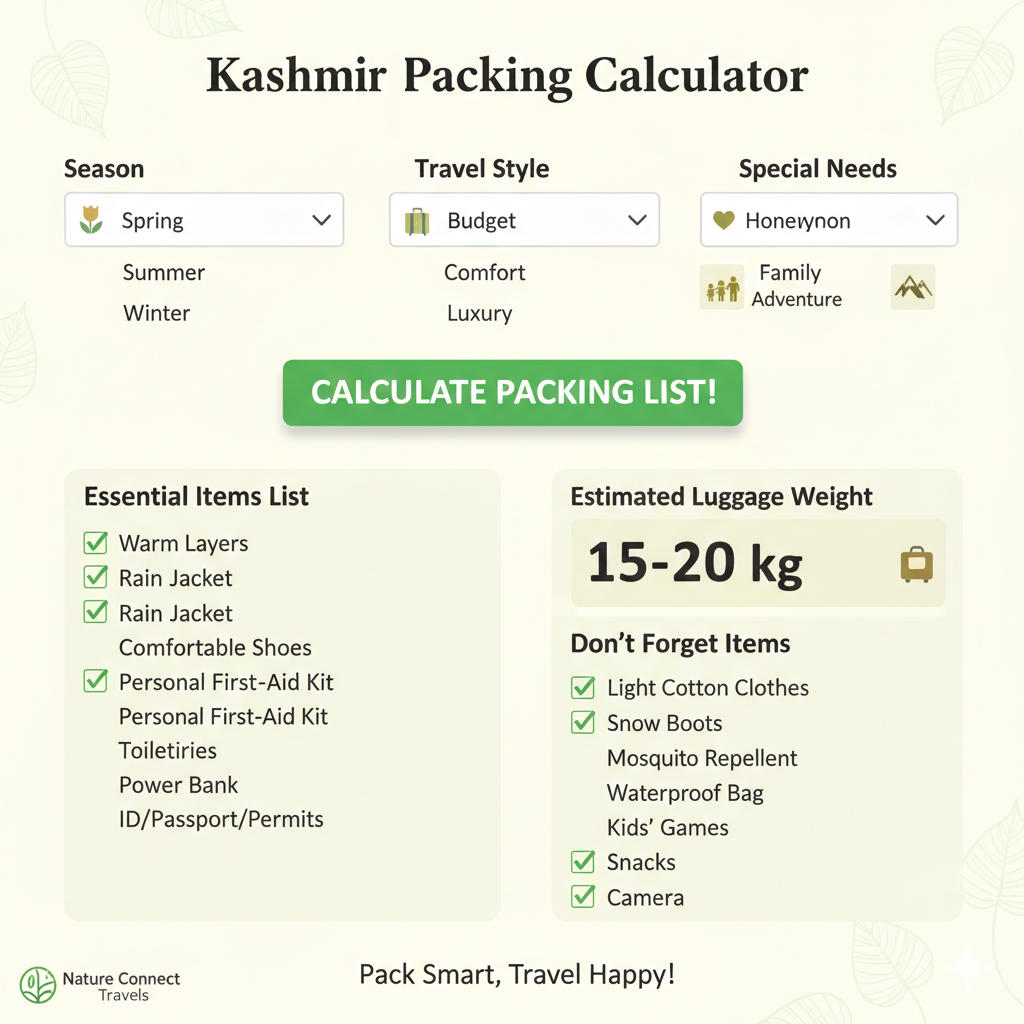 Interactive Kashmir packing list calculator based on season and travel style - personalized packing guide