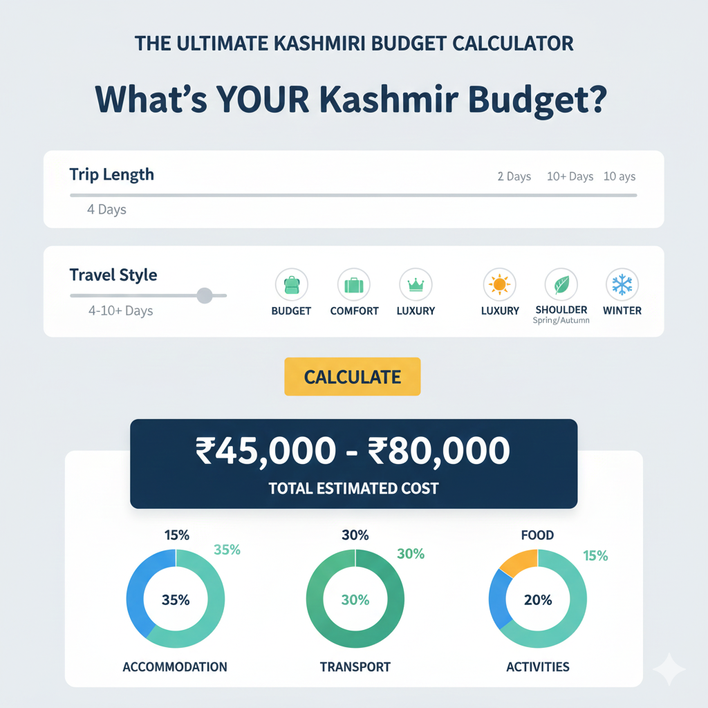Interactive Kashmir trip cost calculator - personalize your budget for length, style, and season to get an instant estimate