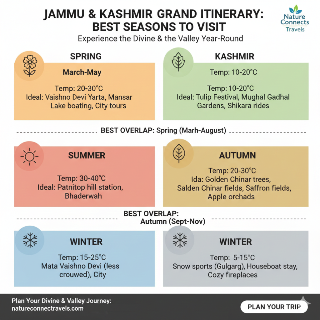 Jammu and Kashmir itinerary seasonal planning guide showing different conditions in both regions throughout the year